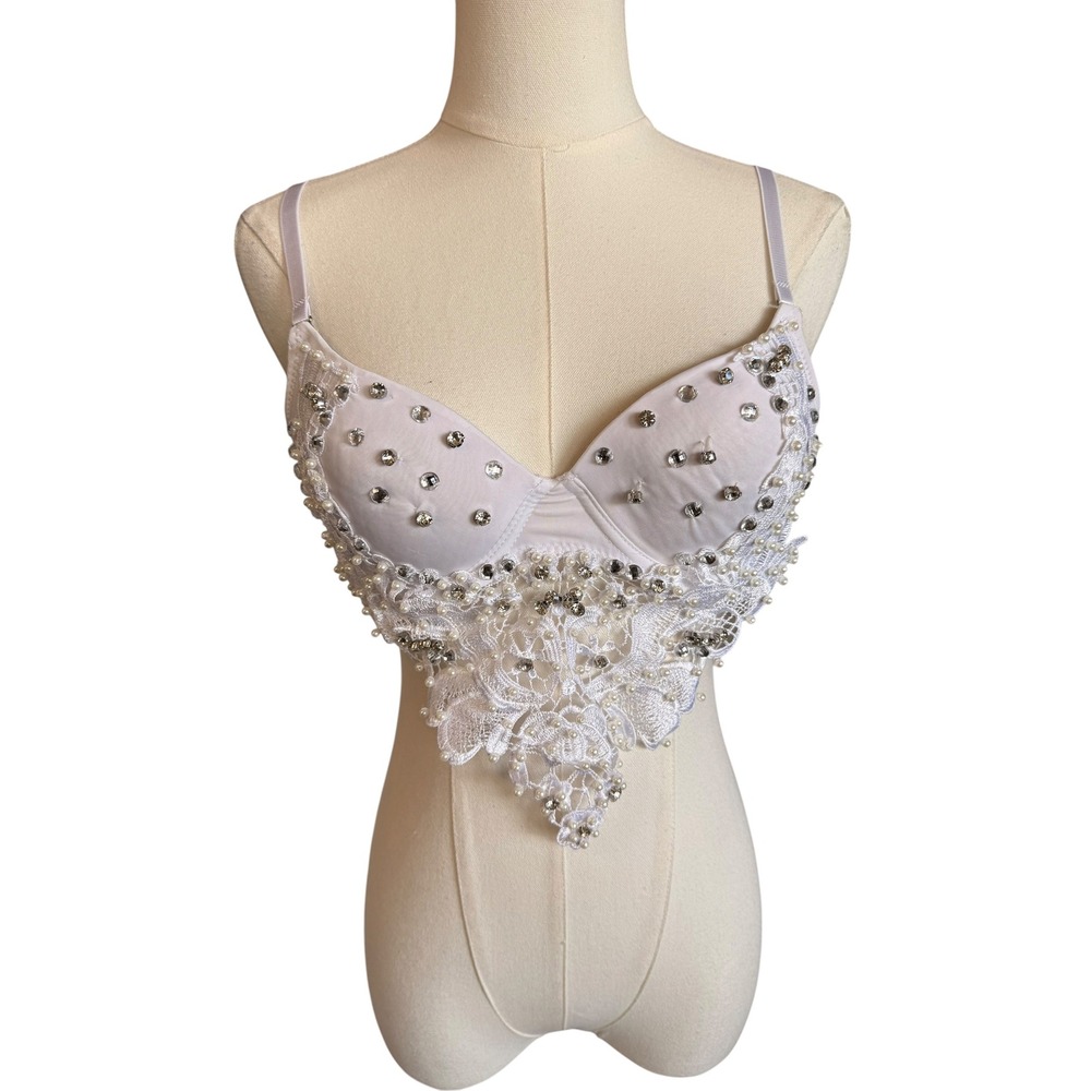 White Rhinestone Pearl Lace Bustier Bra Top Small Bridal Burlesque Corset